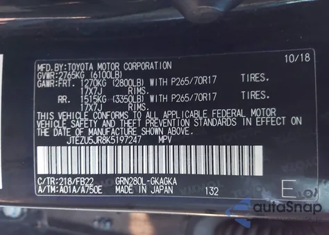 2019 Toyota 4Runner Sr5 from USA, damaged, VIN JTEZU5JR8K5197247